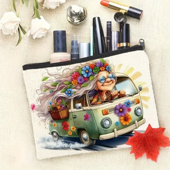 Vintage Hippie Flower Power VW Bus Makeup Bag - Double-Sided Printed - Picture 1 of 2